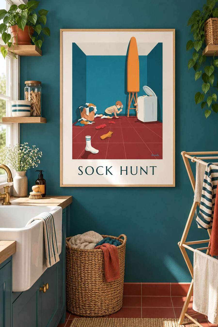 Poster mit Humor: Junge mit Lupe auf der Suche nach Socken: gerahmt an der Wand