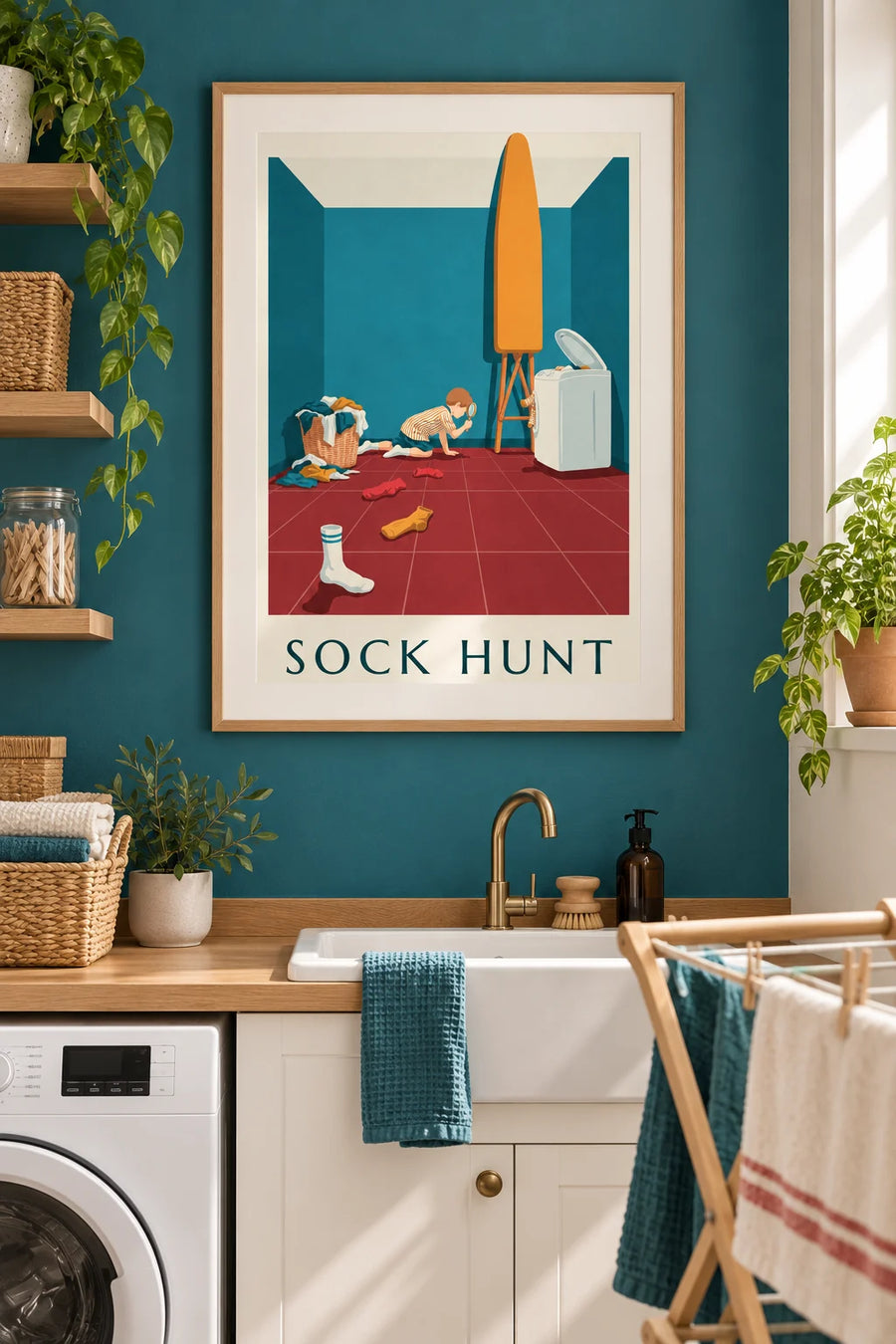 Poster mit Humor: Junge mit Lupe auf der Suche nach Socken: gerahmt an der Wand