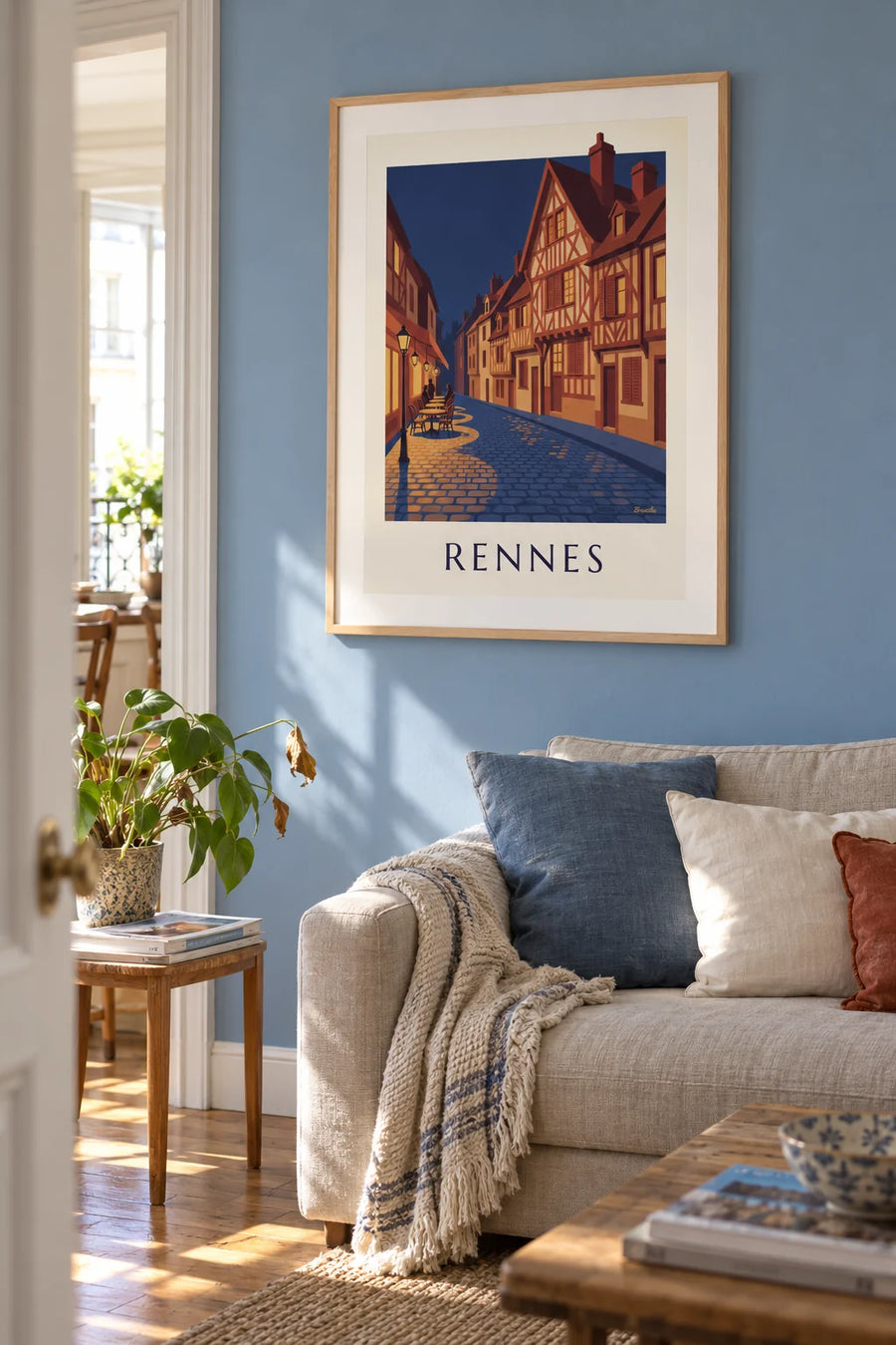 Affiche maisons à pans de bois du vieux Rennes un soir : encadrée au mur