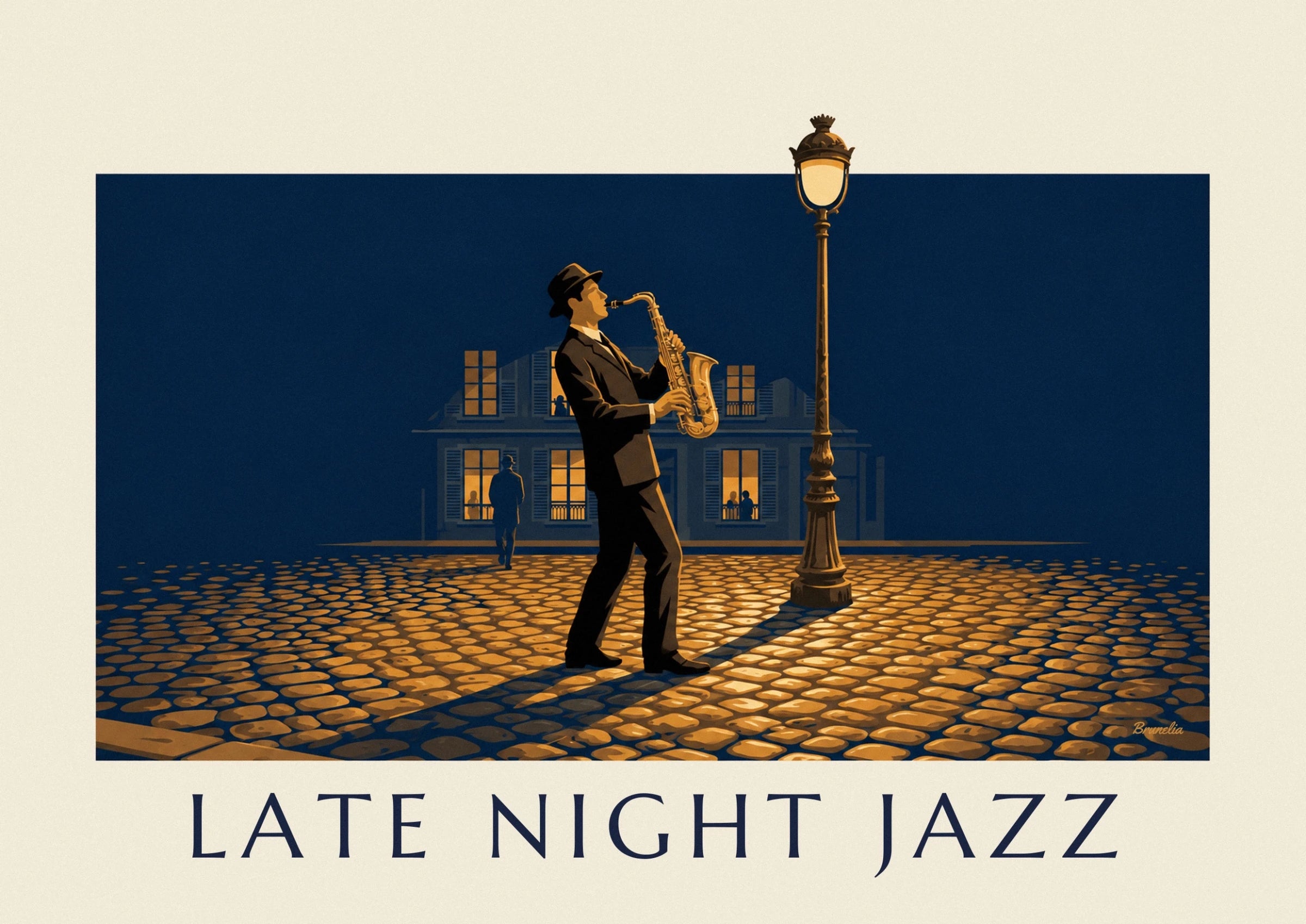 The saxophonist in a black suit with his golden saxophone in front of lit windows
