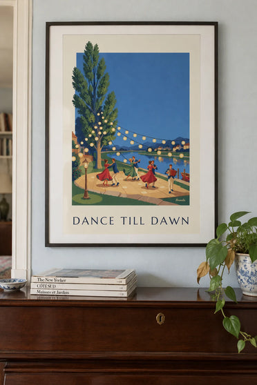 Poster Guinguette-Ball, Tanzende unter Lampions am Wasser: gerahmt an der Wand