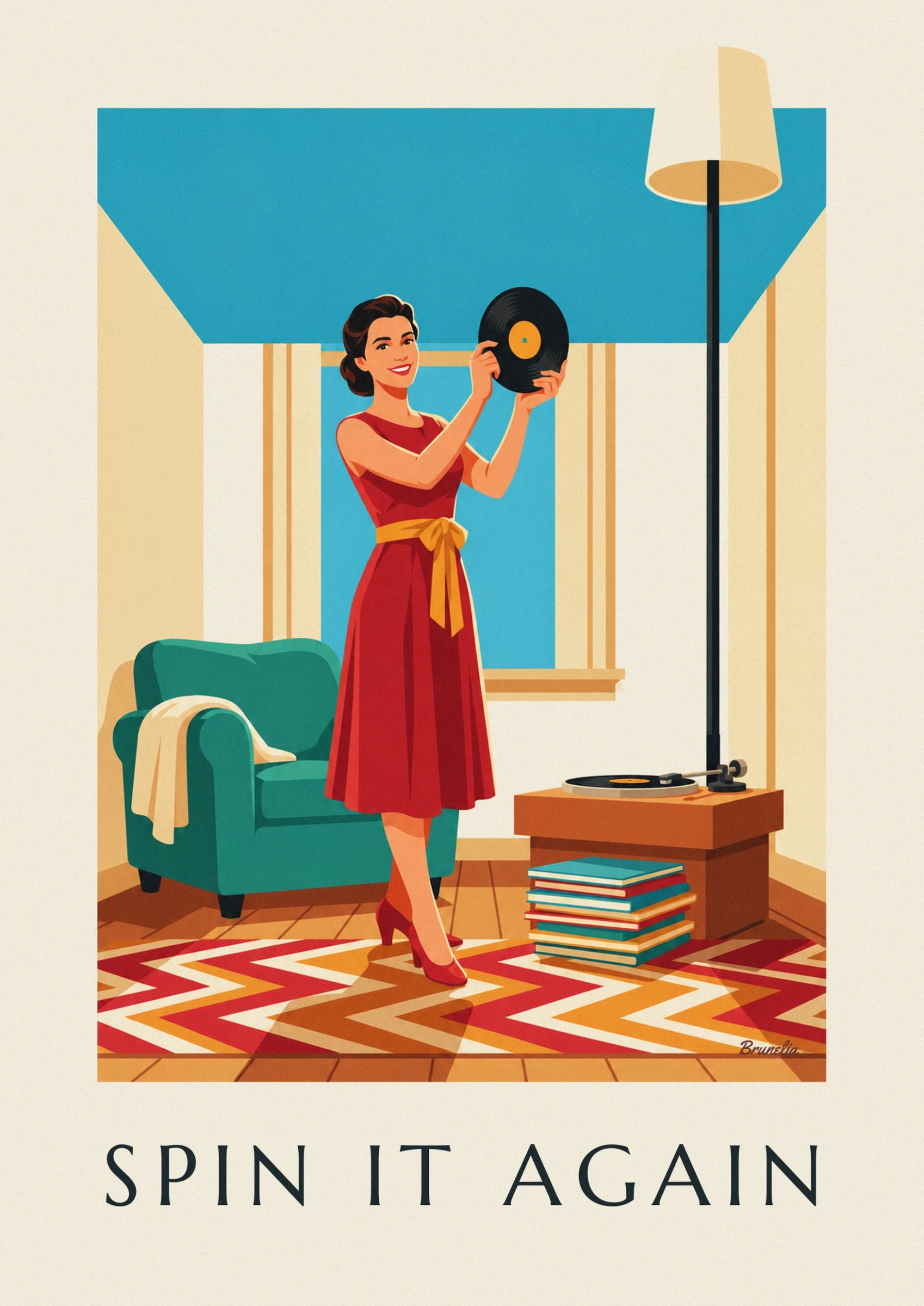 The smiling woman in a red dress with a yellow belt, holding up a vinyl record