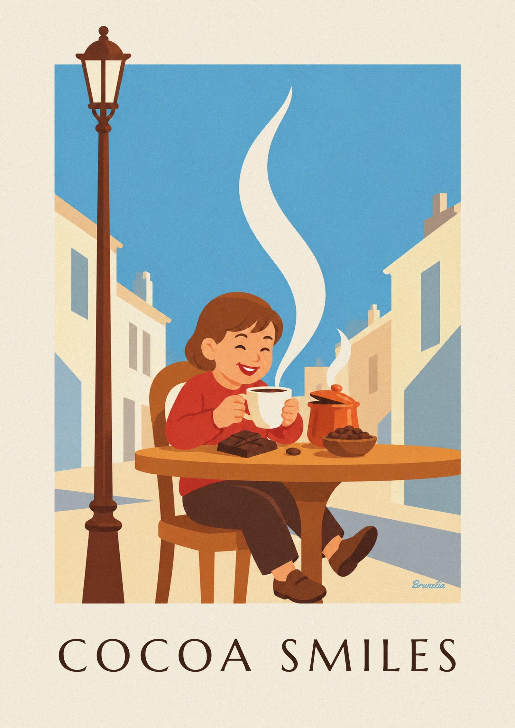 The smiling child in a red jumper, with a steaming cup and a bar of chocolate