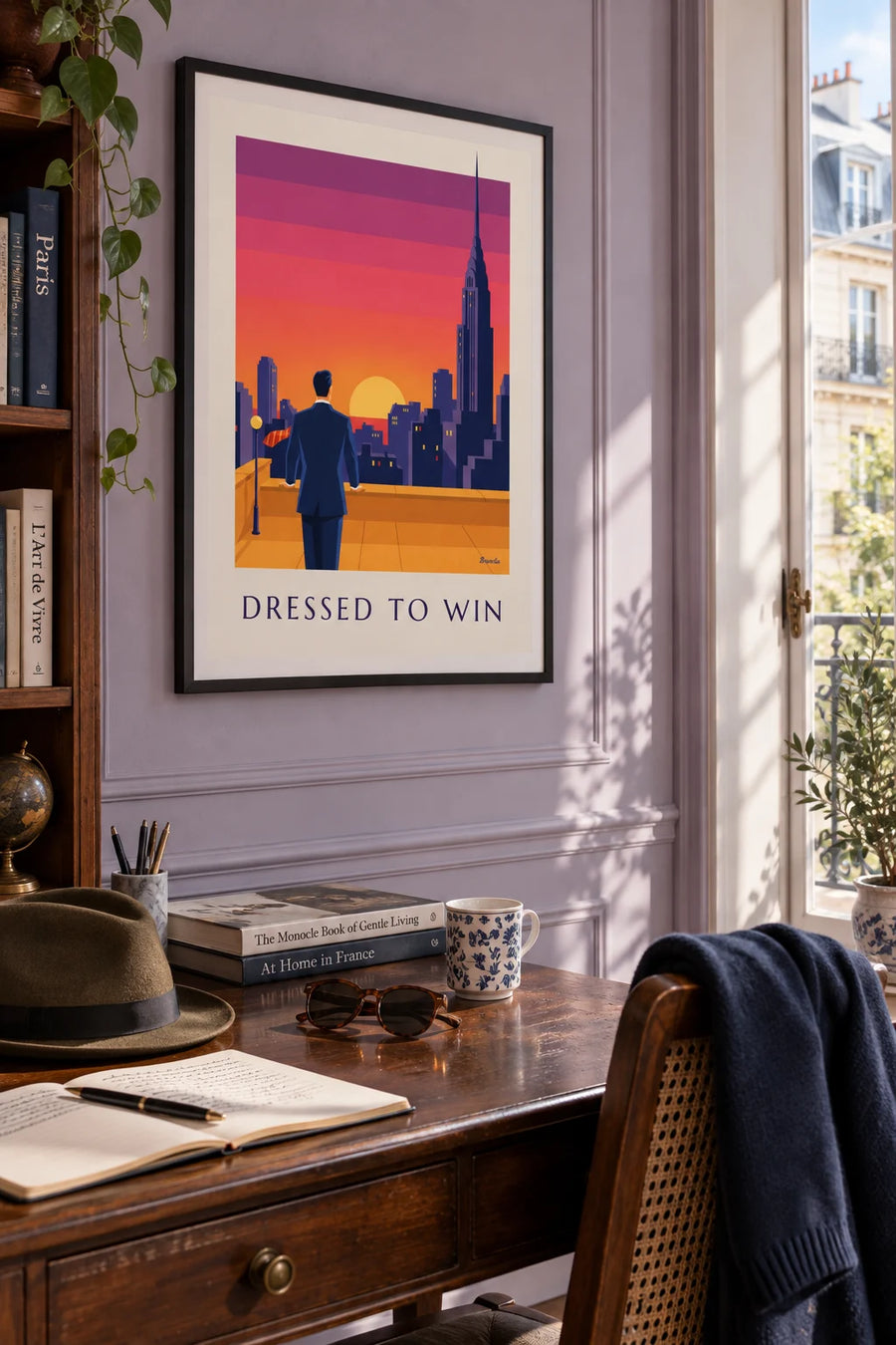 Affiche homme d'affaires et cravate au vent face au coucher de soleil : encadrée au mur