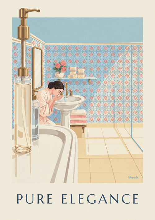 Poster of a sunny bathroom, soaps and a porcelain sink: the full poster