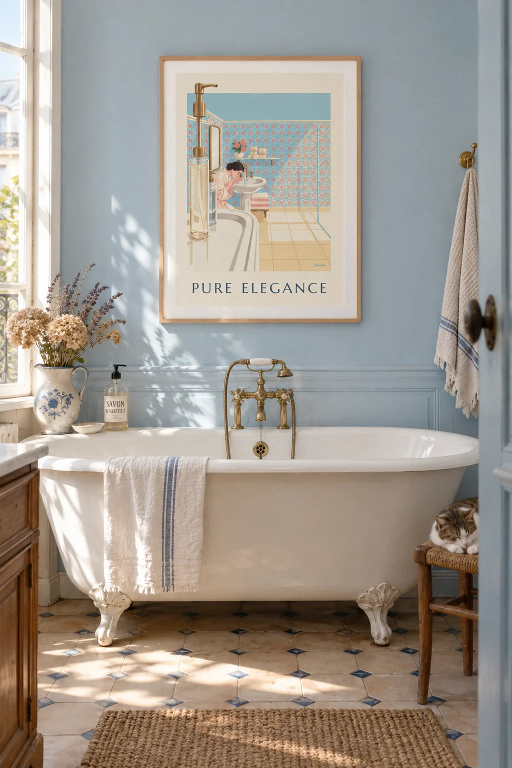 Sunny bathroom with soaps and porcelain sink poster on the wall