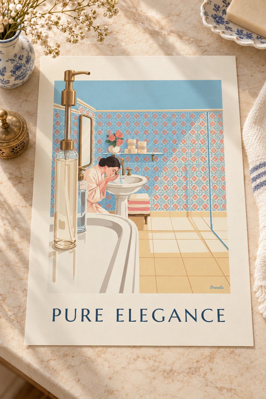 Salle de bain : mise en situation de Affiche salle de bain ensoleillée, savons et lavabo en porcelaine