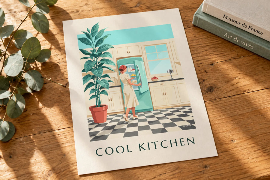Poster mit mintgrünem Kühlschrank mit abgerundeten Ecken in einer Küche: auf einem Tisch abgestellt