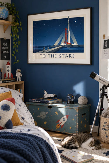 Poster mit Rakete auf der Startrampe unter einem Sternenhimmel: gerahmt an der Wand