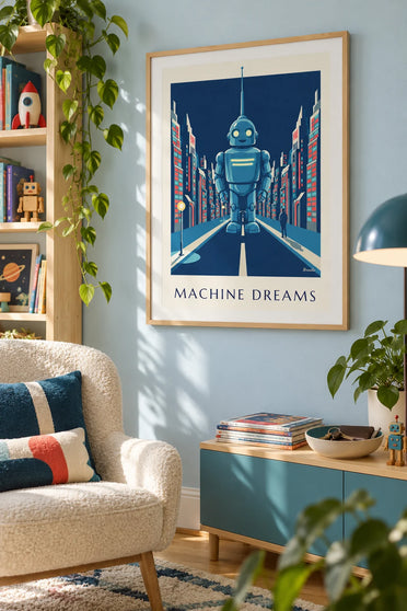 Poster futuristischer Roboter mit Neonlichtern in einer Stadt bei Nacht: gerahmt an der Wand