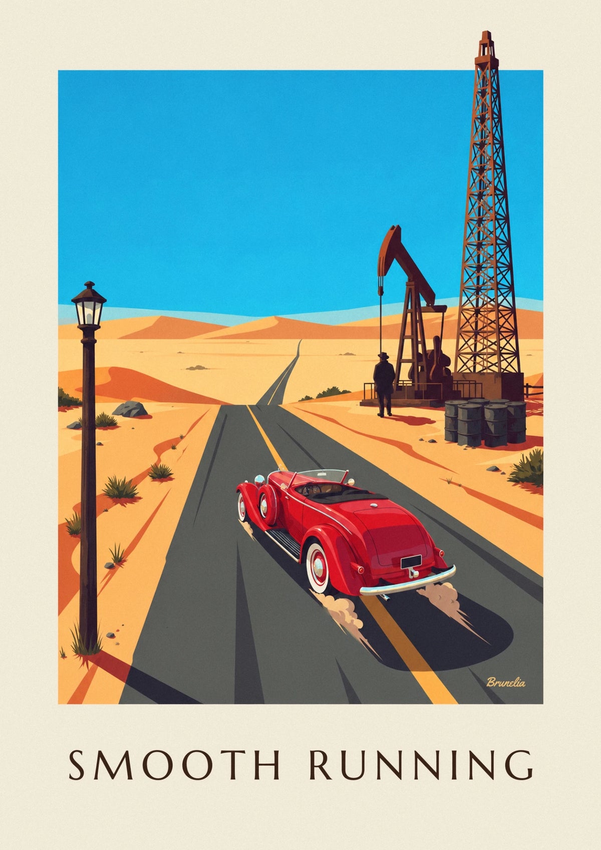 Affiche roadster sur une route du désert et derrick pétrolier