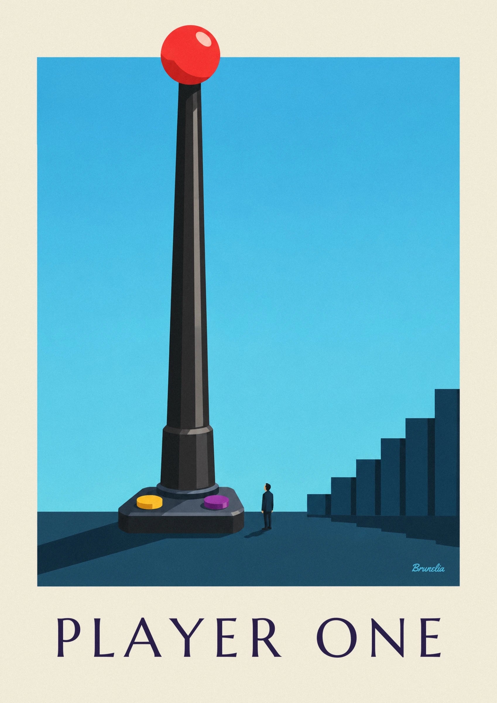 La boule rouge du joystick et son reflet rose sur une tige noire facettée