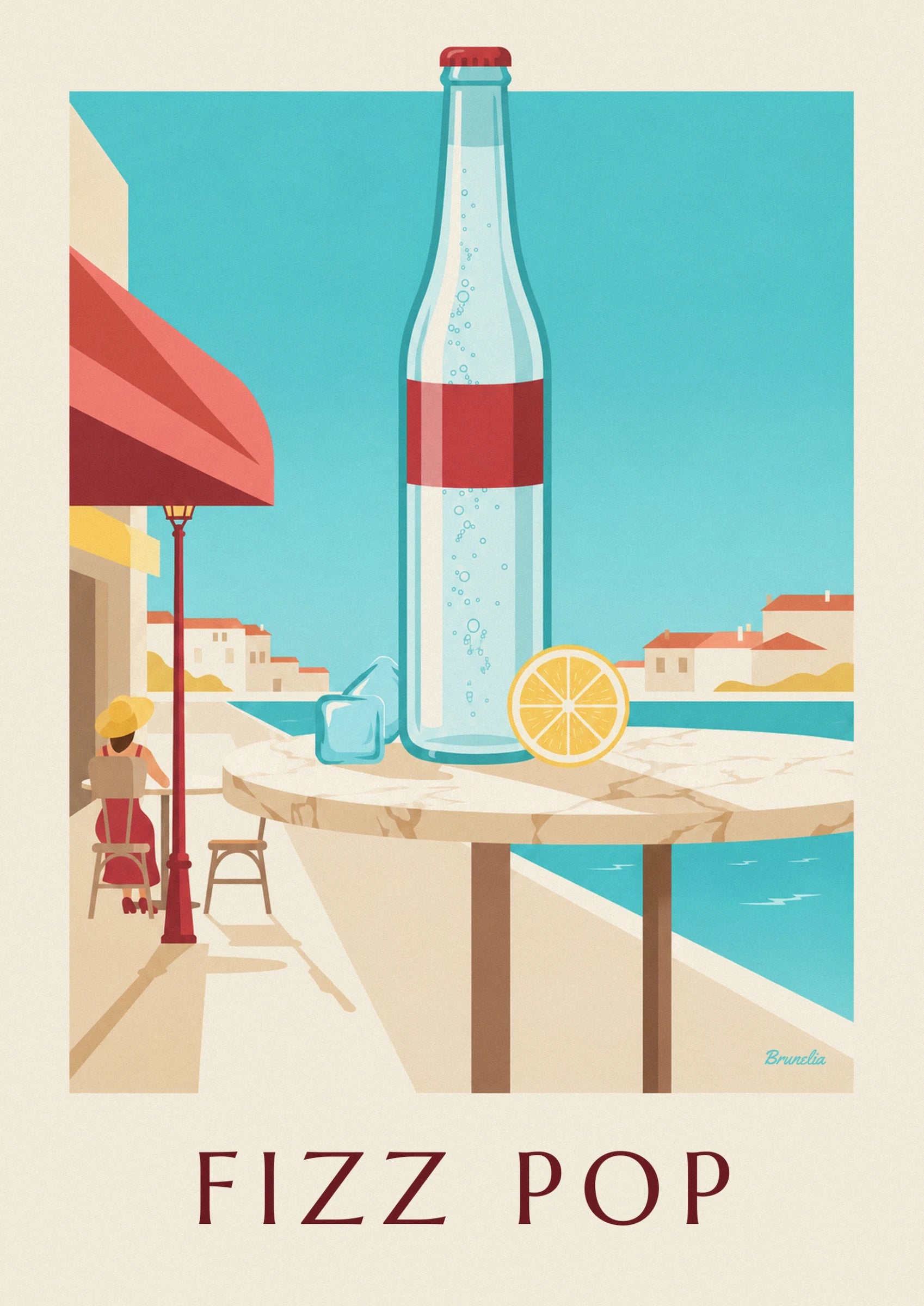 Die Flasche mit feinen Bläschen und einem breiten roten Etikett vor türkisem Hintergrund