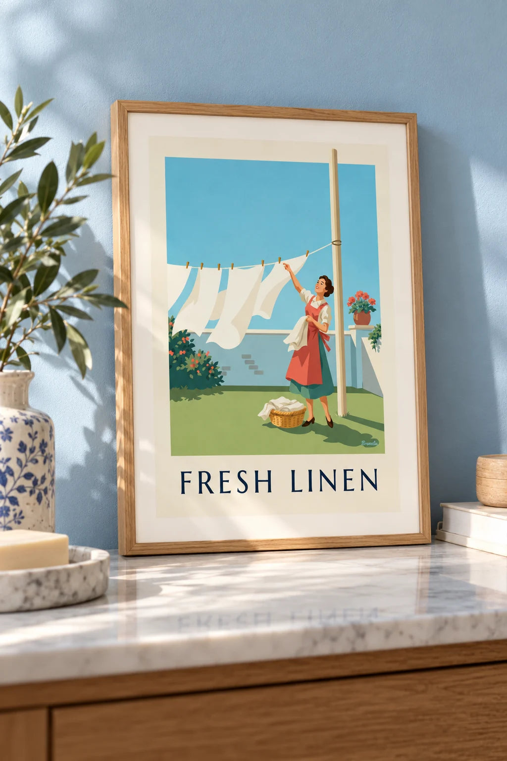 Buanderie : mise en situation de Affiche ménagère étendant son linge blanc au jardin