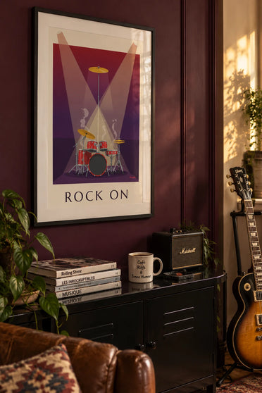 Poster of a rock drum kit on stage under the spotlights: framed on the wall