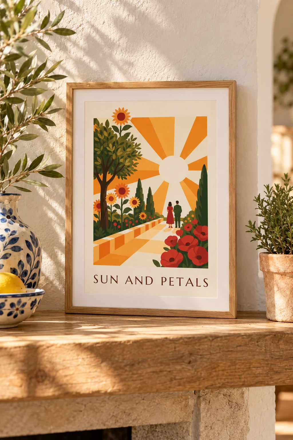 Salon : mise en situation de Affiche soleil rayonnant et fleurs géométriques stylisées