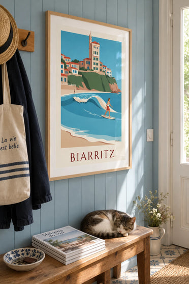 Poster of a female longboarder at the Côte des Basques in Biarritz: framed on the wall