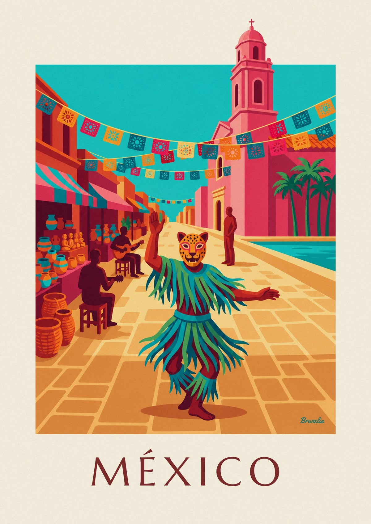 Jaguar mask dancer on a Mexican plaza poster
