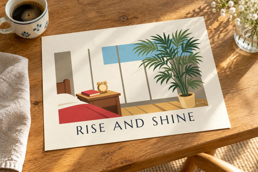 Poster mit mechanischem Glockenwecker im Morgenlicht: auf einem Tisch