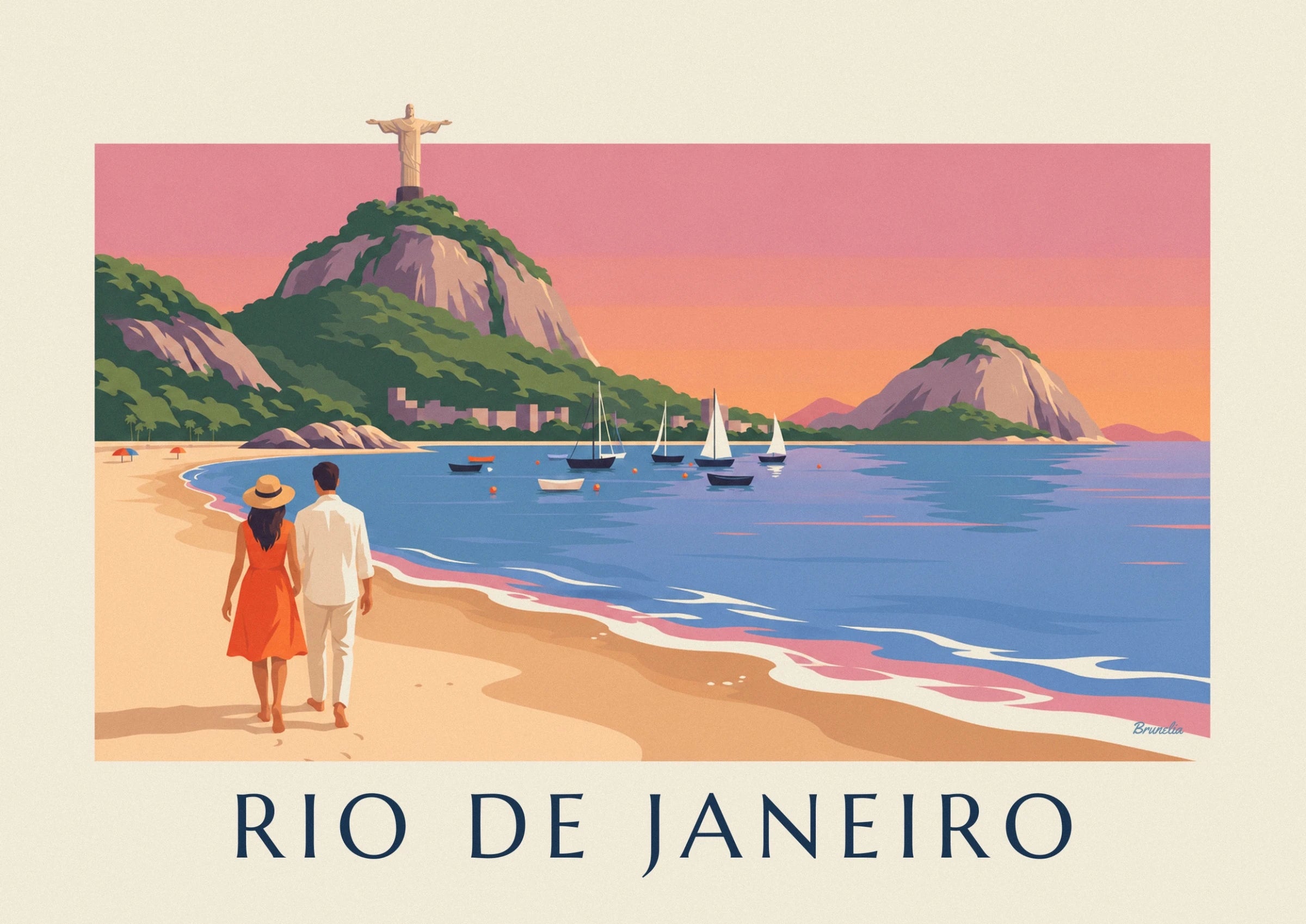 Le couple pieds nus sur le sable, robe orange et chapeau de paille face à la baie
