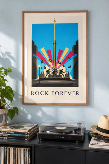 Poster Silhouetten von Rockmusikern auf der Bühne und Schallplatten: gerahmt an der Wand