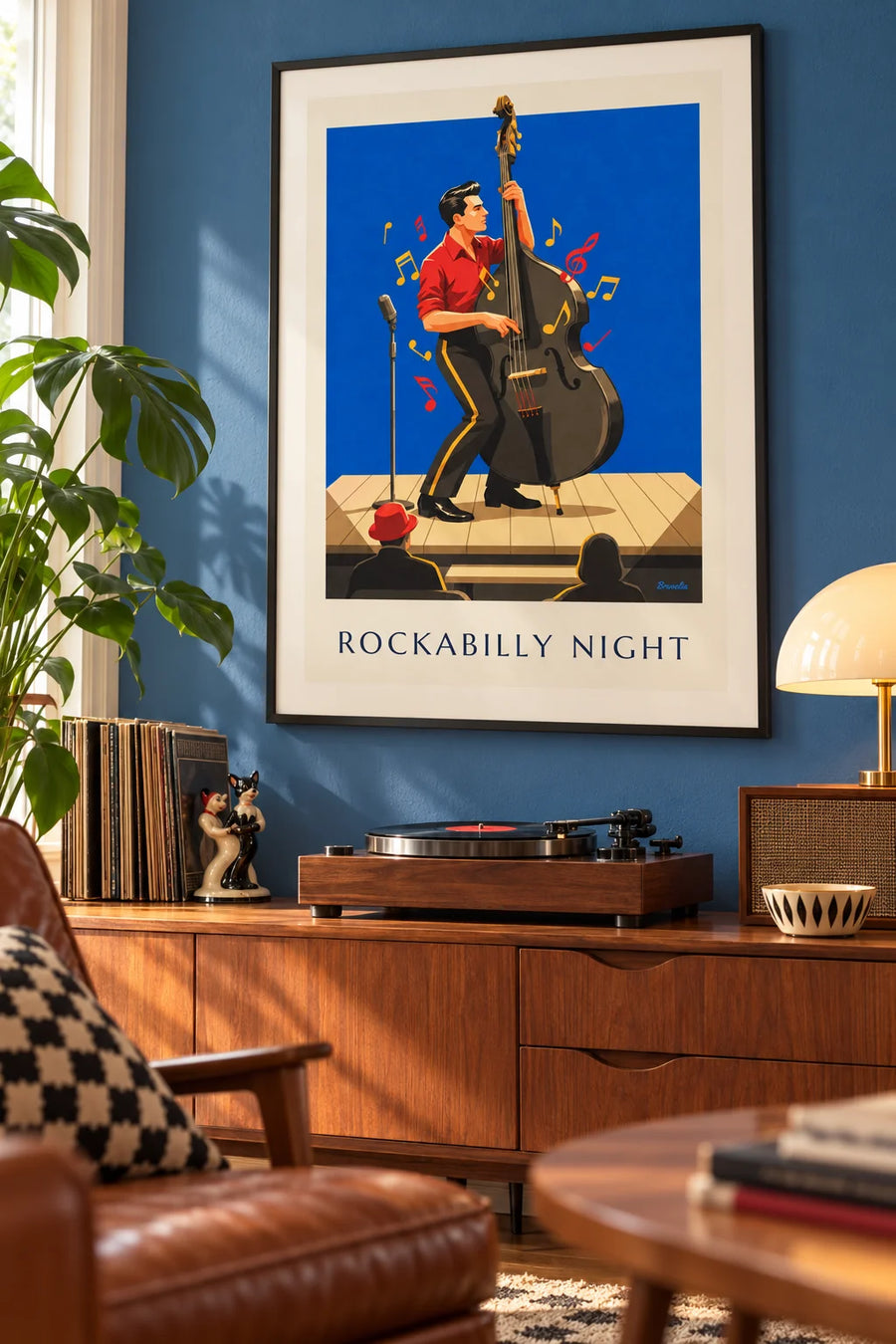 Poster Rockabilly-Abend und Musiker mit Kontrabass: gerahmt an der Wand