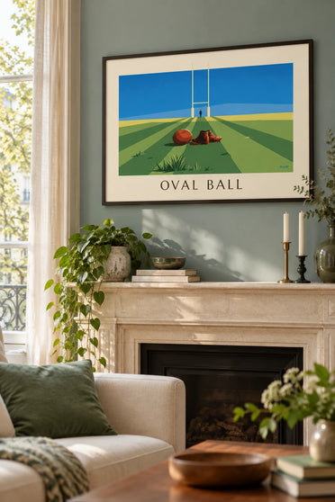 Affiche ballon ovale en cuir et crampons sur un terrain de rugby : encadrée au mur