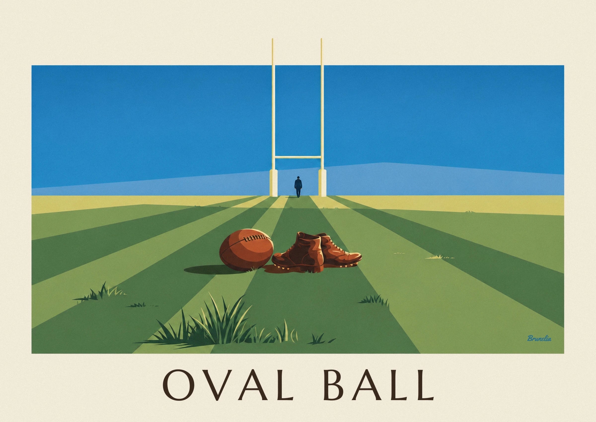 Der ovale braune Lederball mit schwarzer Schnürung auf dem gestreiften Rasen