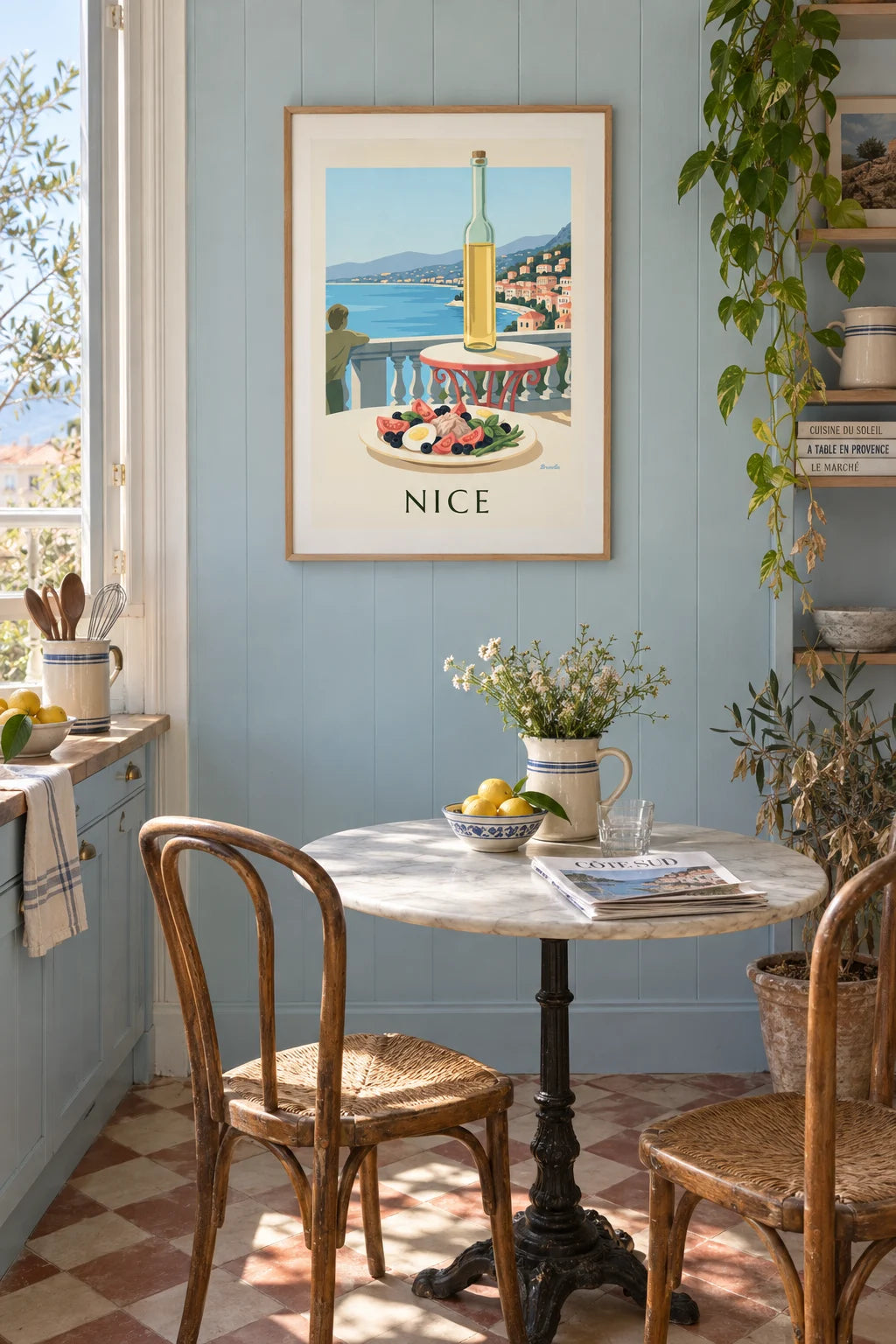 Mise en situation de Affiche salade niçoise sur une terrasse face à la mer
