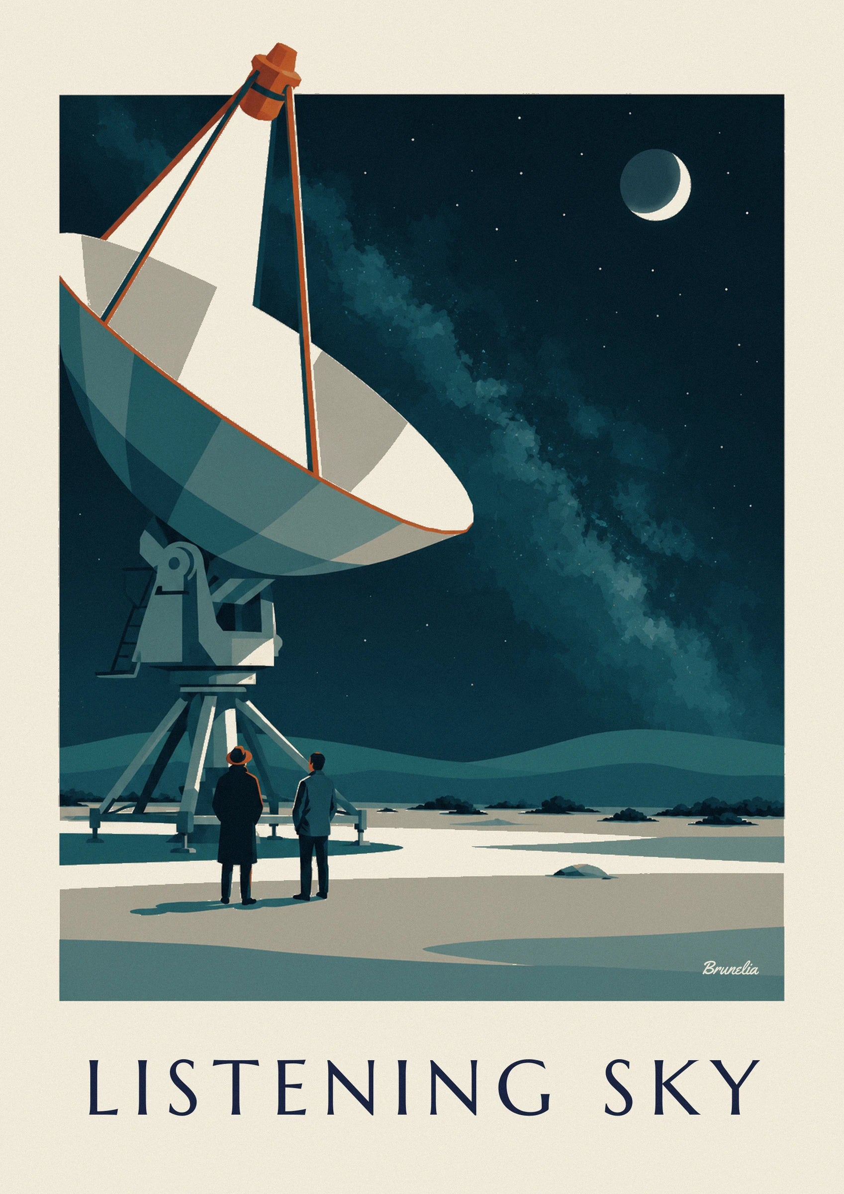 Poster Radioteleskop, das in der Wüste auf einen Sternenhimmel gerichtet ist: Detail in Nahaufnahme