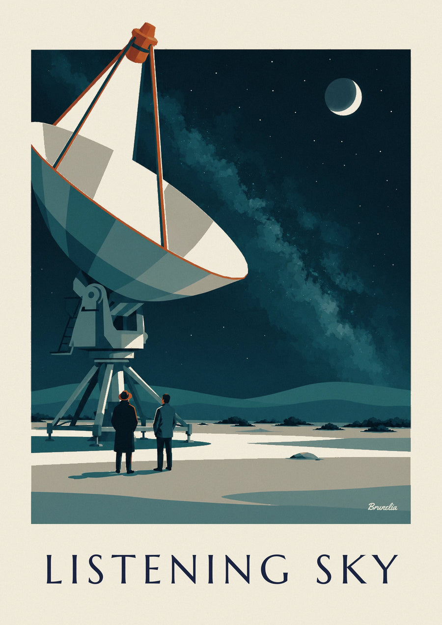 Poster Radioteleskop, das in der Wüste auf einen Sternenhimmel gerichtet ist