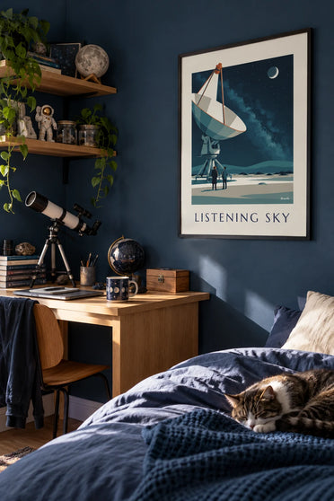 Poster Radioteleskop, das auf einen Sternenhimmel in der Wüste gerichtet ist: gerahmt an der Wand