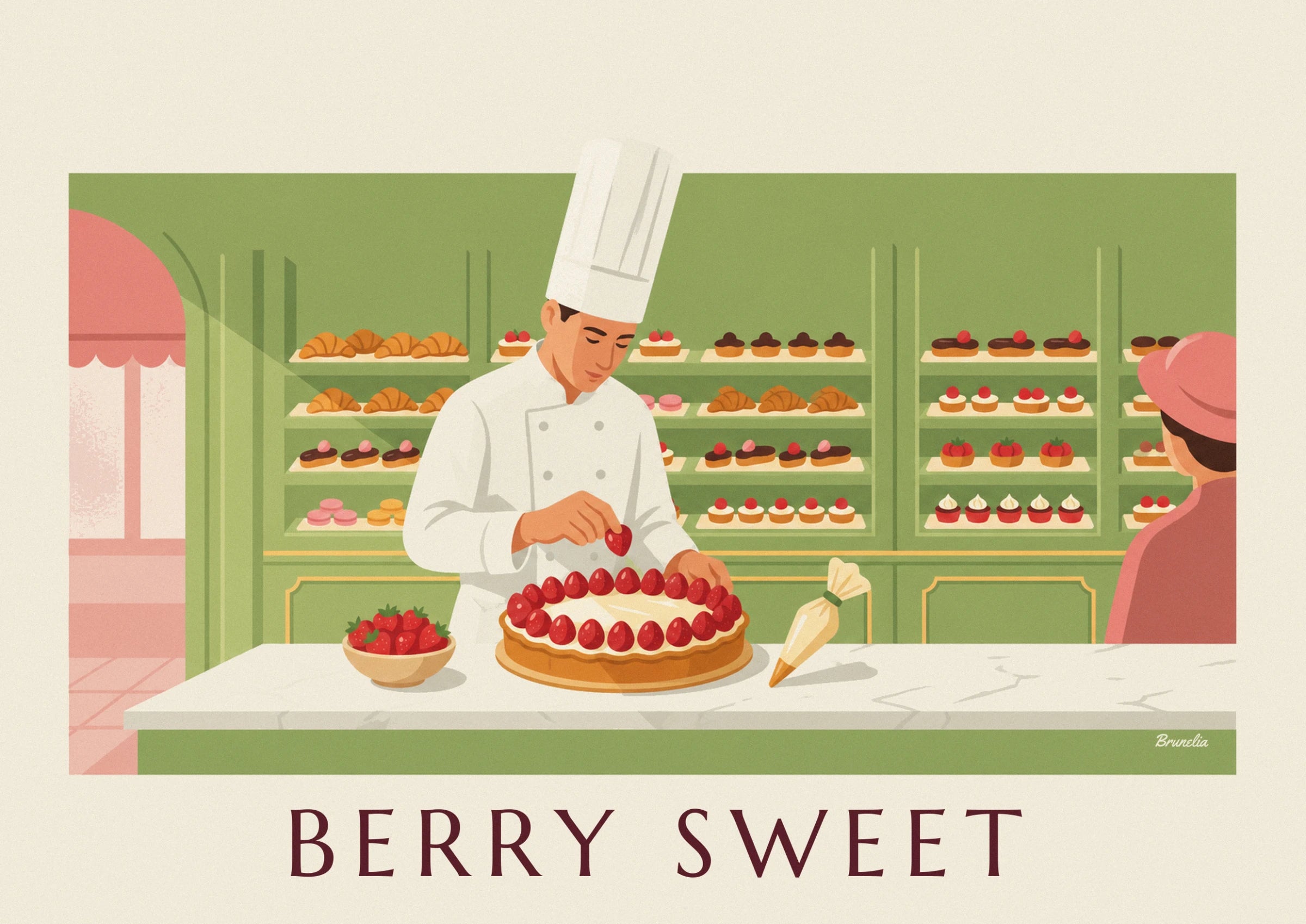 The pastry chef in a chef's hat placing a strawberry on his large cream tart