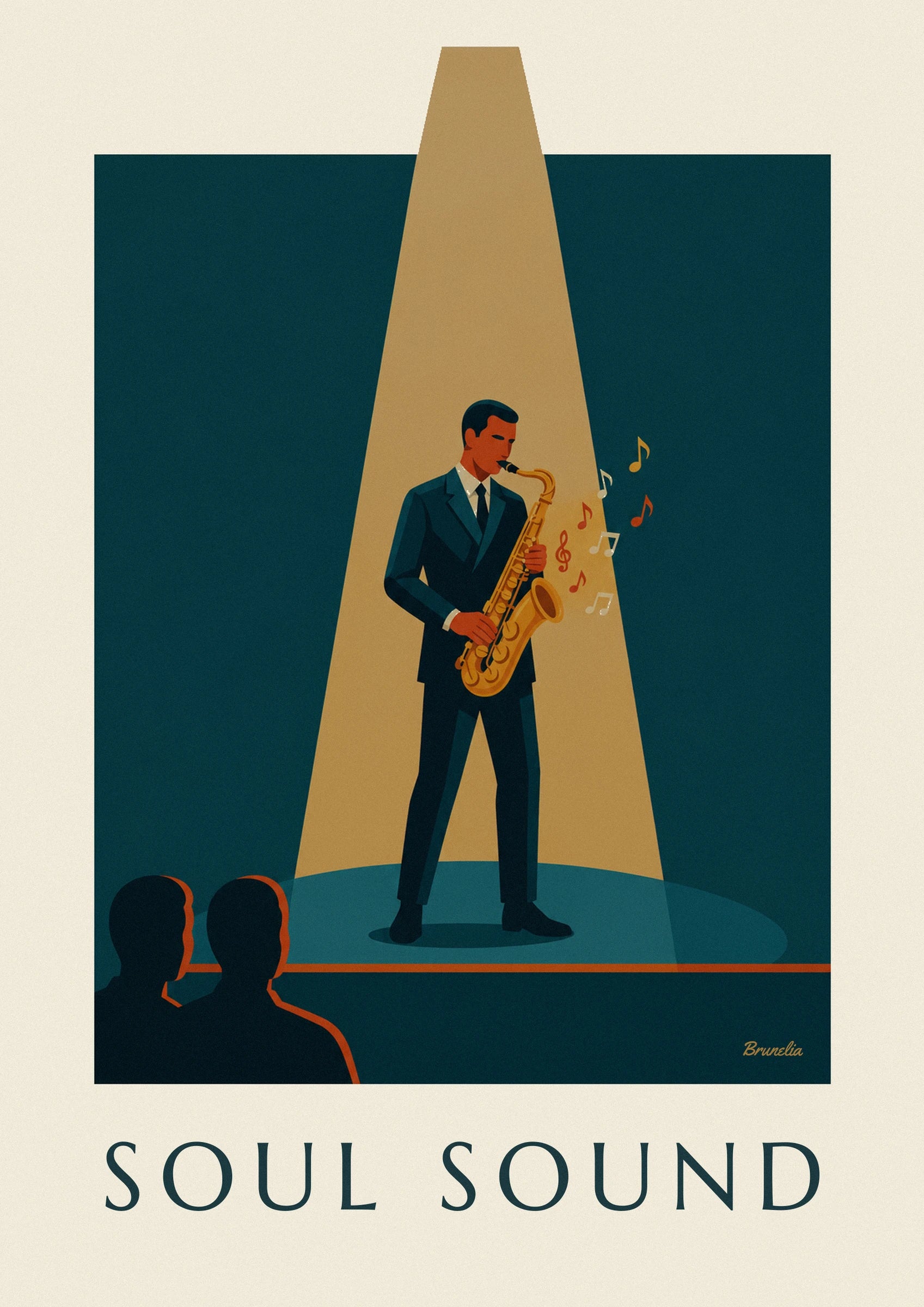 Golden saxophone in a jazz spotlight poster: close-up detail