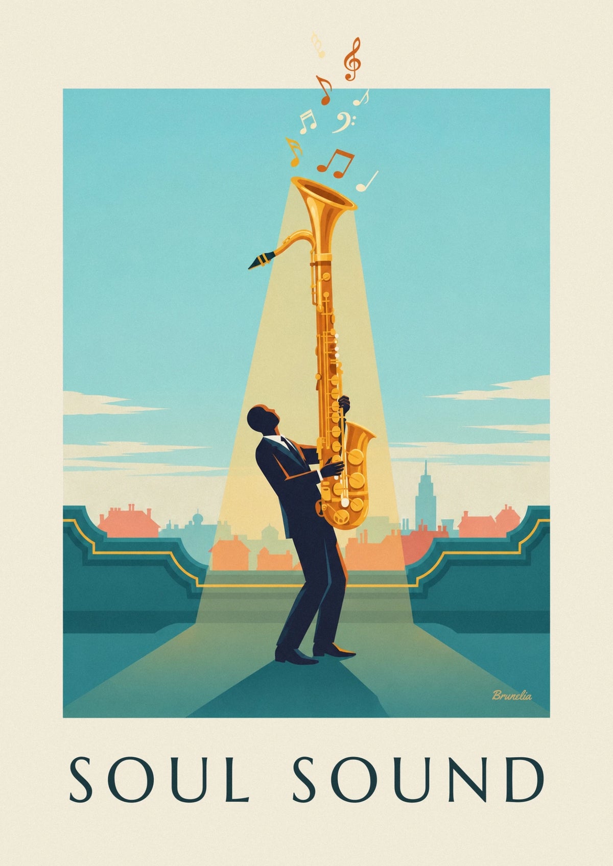 Golden saxophone in a jazz spotlight poster