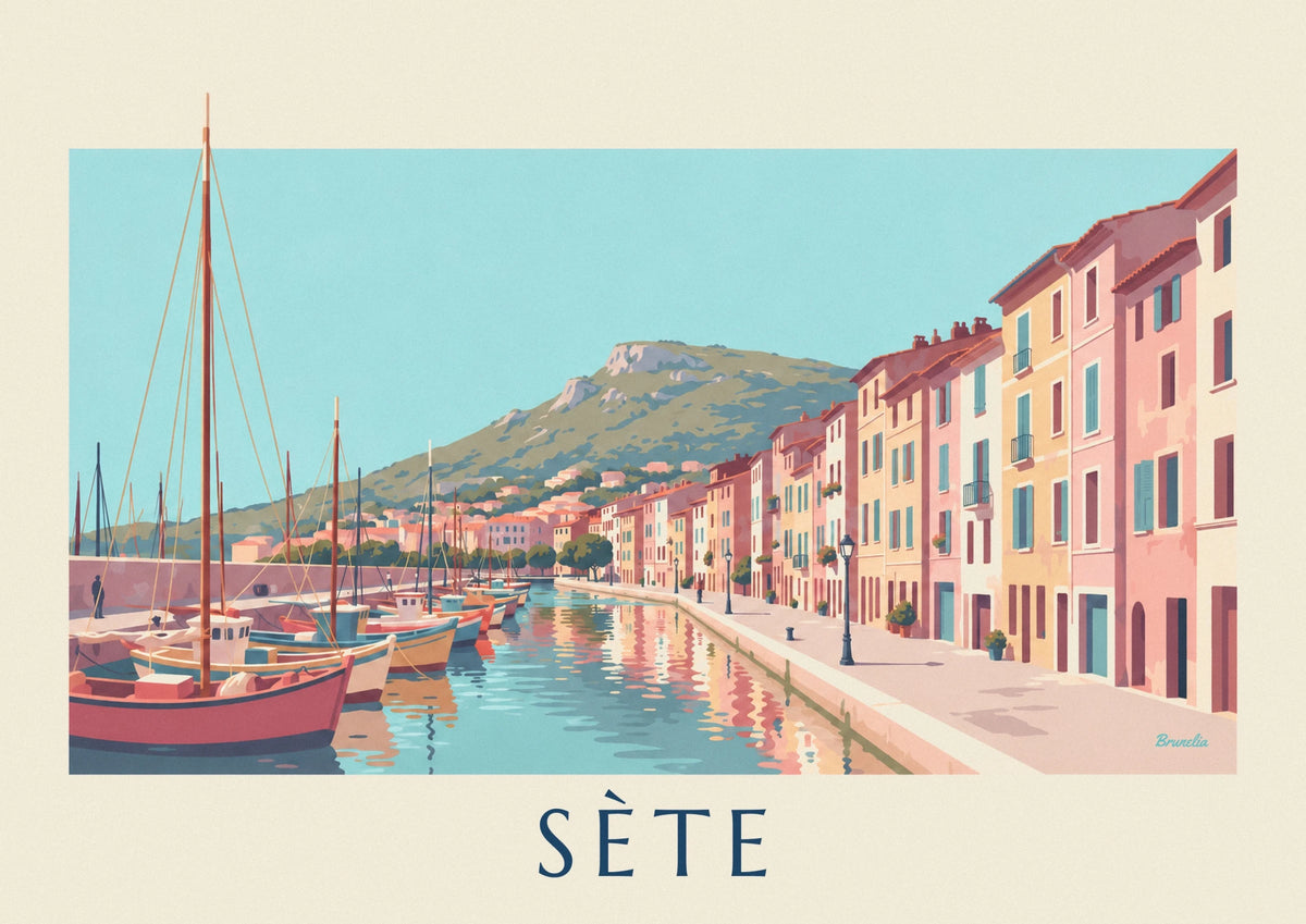 Affiche canal royal de Sète et bateaux de pêche colorés