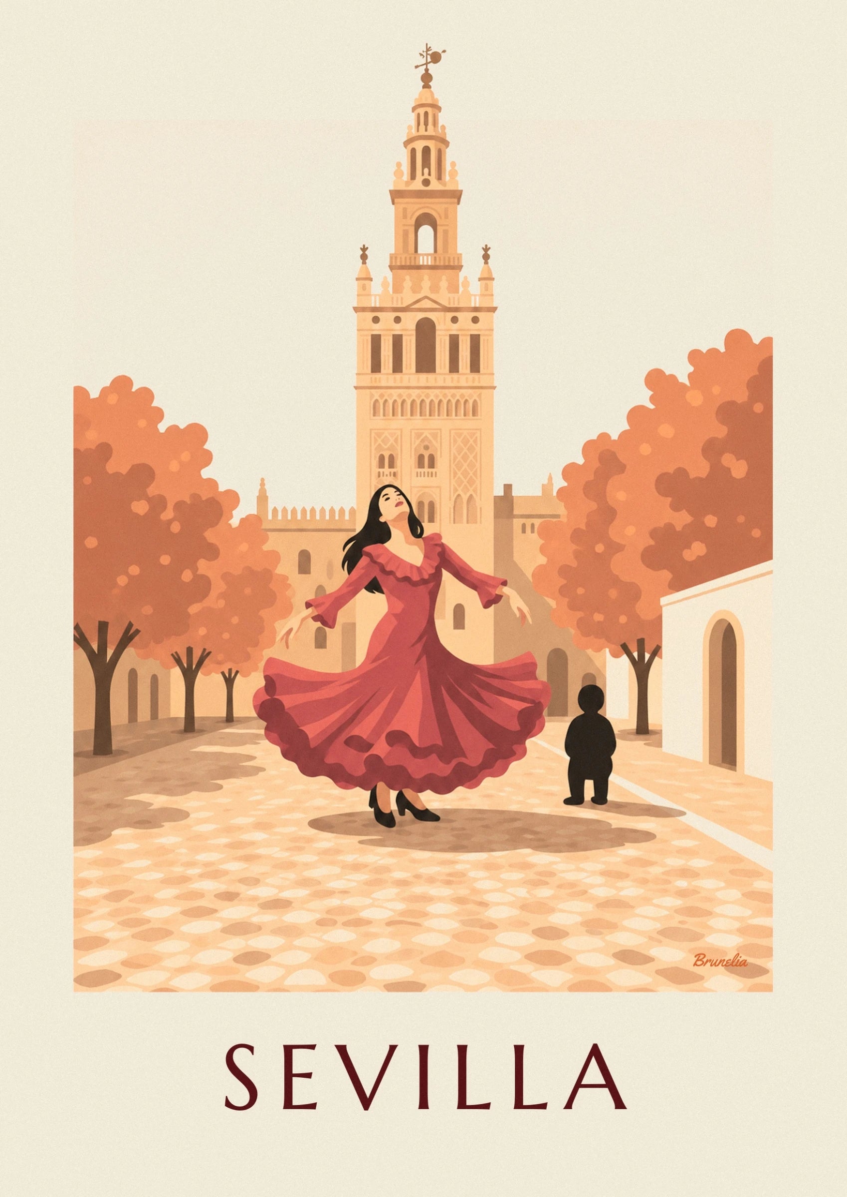 The black-haired dancer with her red ruffled dress spread out in front of the ochre façades