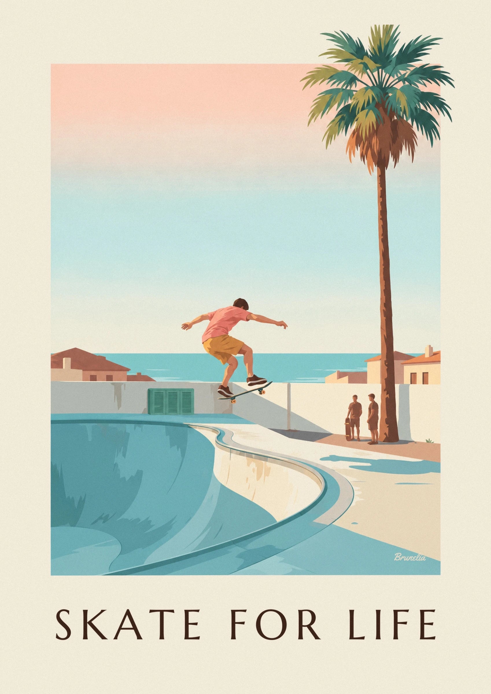 Der Skater im pinken T-Shirt und in ockerfarbenen Shorts mitten im Sprung über der Bowl