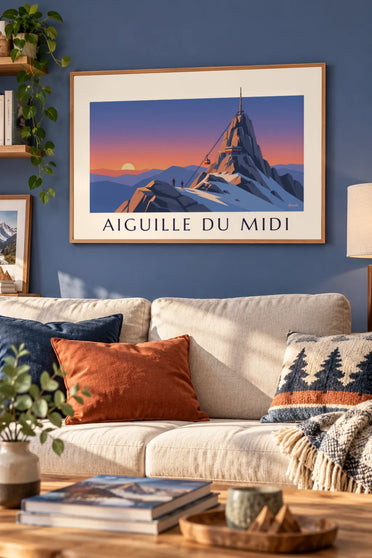 Poster Seilbahn zur Aiguille du Midi bei Sonnenuntergang: gerahmt an der Wand