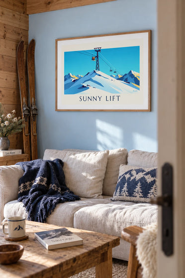 Poster Skifahrer im Sessellift in der Sonne: gerahmt an der Wand