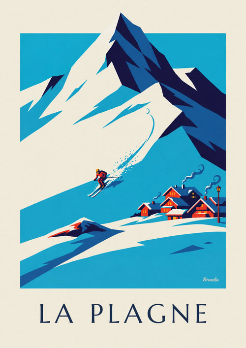 Poster Skifahrer bei der Abfahrt in La Plagne vor der Bellecôte: das ganze Poster