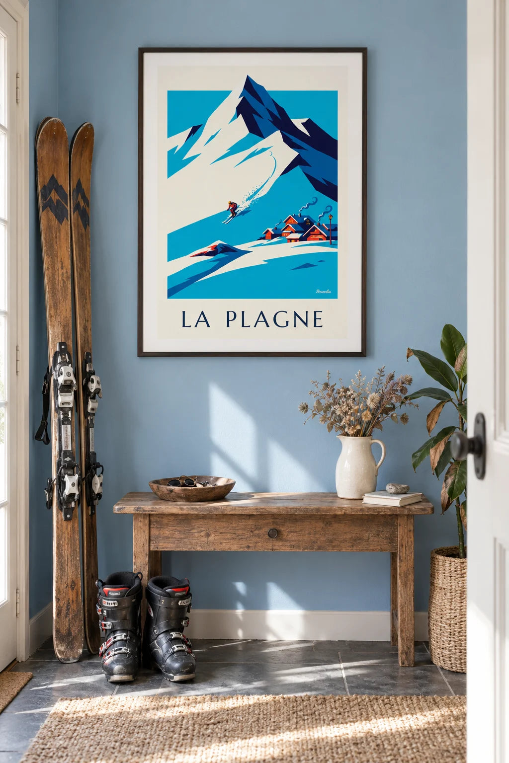 Skier descending La Plagne facing Bellecôte poster on the wall