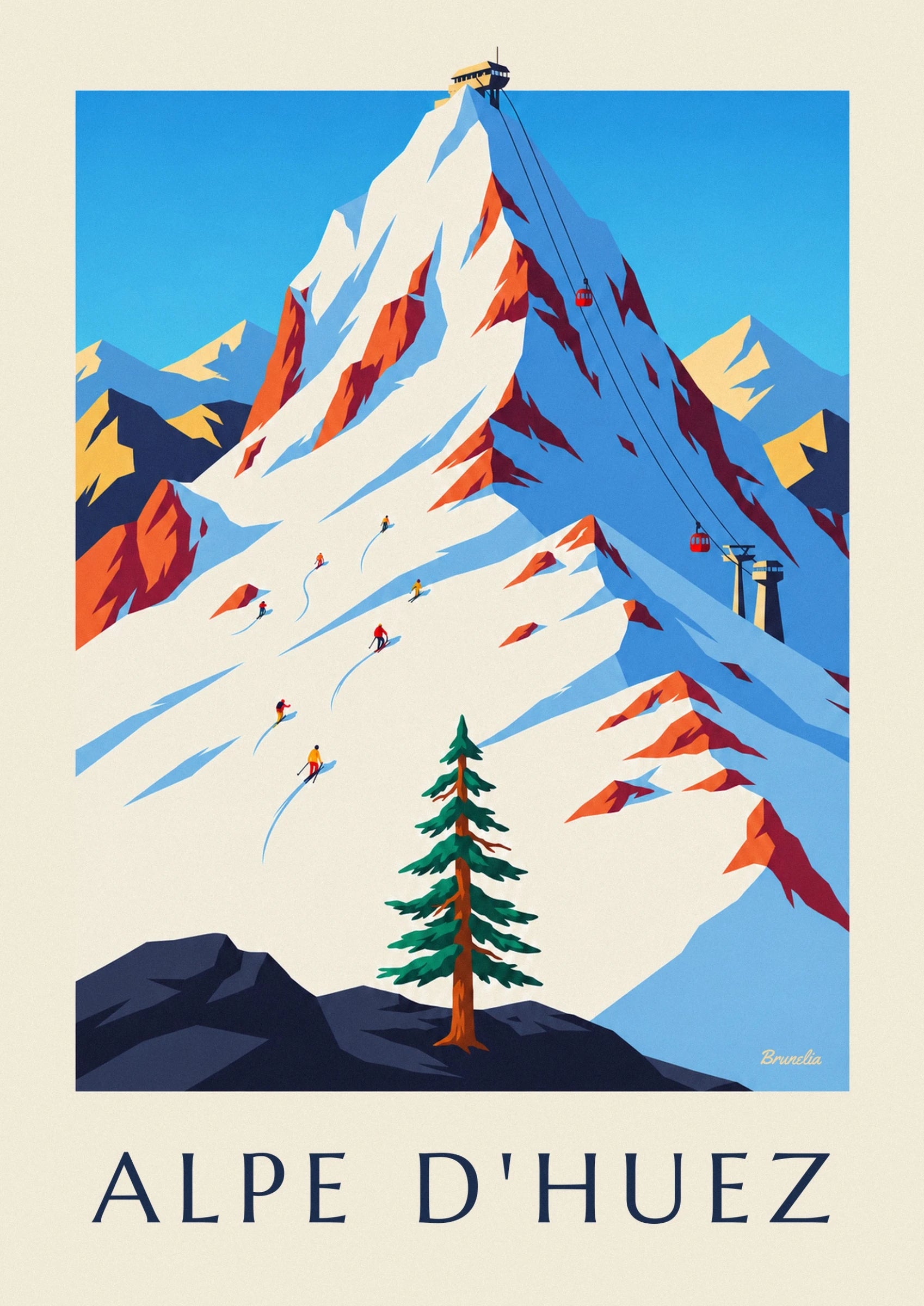 Les parois enneigées du Pic Blanc, les rochers orangés et la cabine rouge