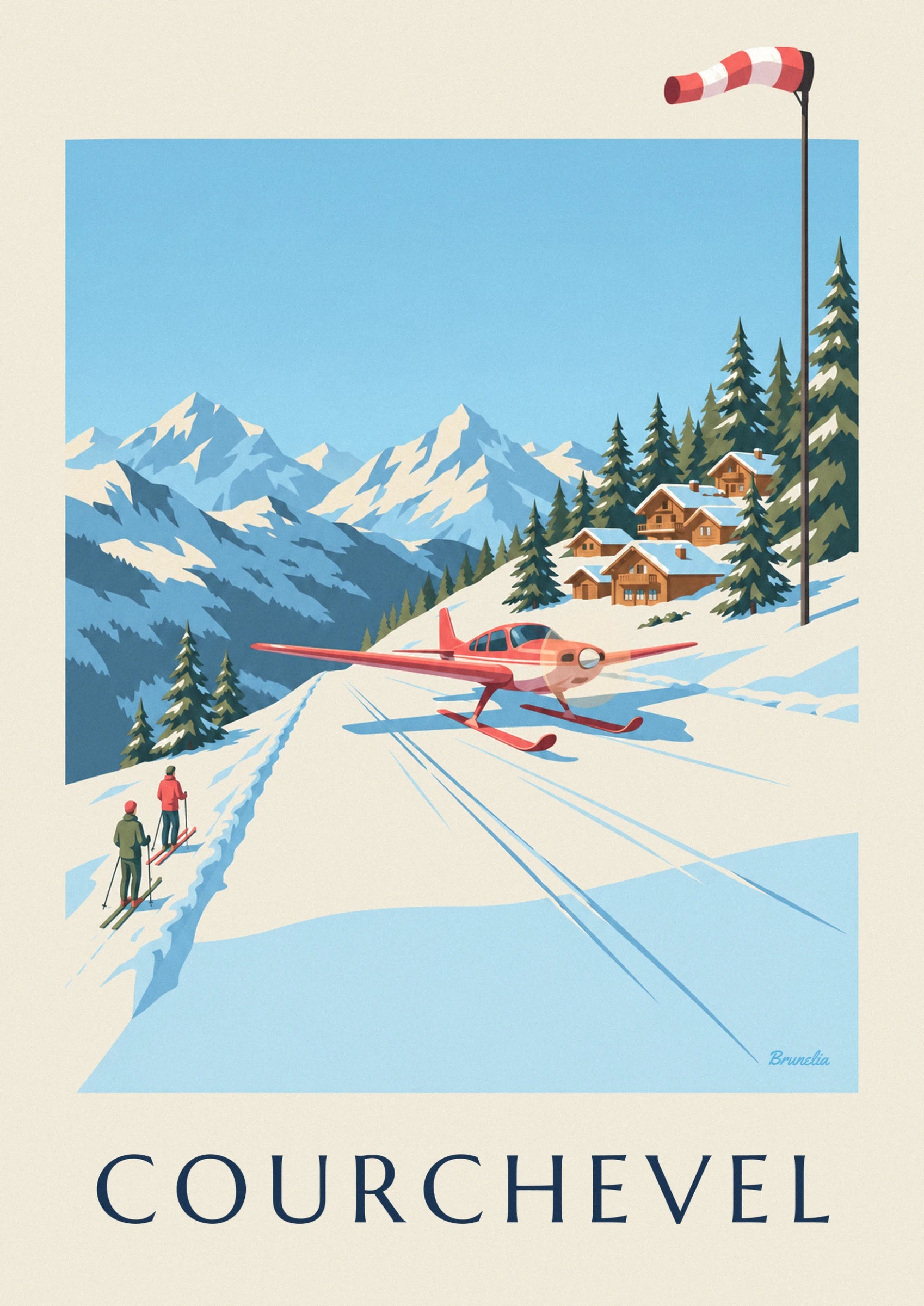 The small red plane on skis, resting on the snow facing the wooden chalets