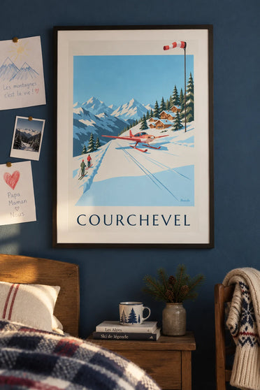 Affiche altiport de Courchevel et petit avion rouge sur la neige : encadrée au mur