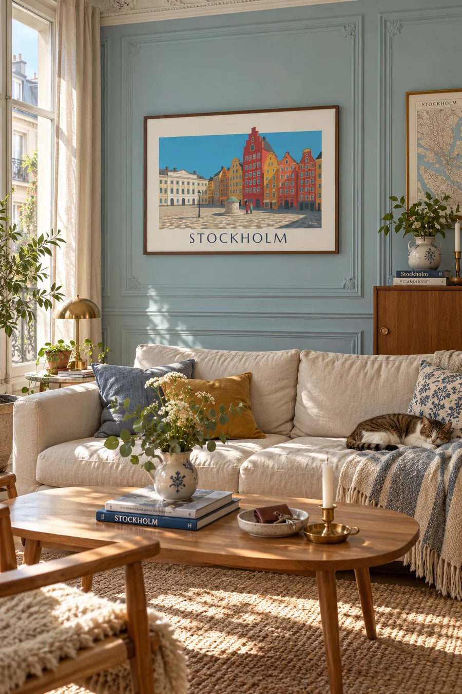 Poster bunte Fassaden am Stortorget in Gamla stan, Stockholm: gerahmt an der Wand