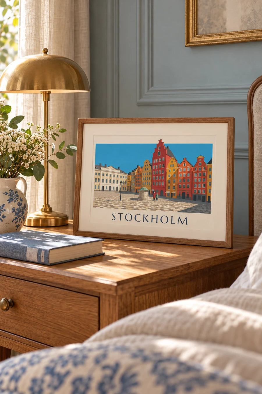Poster bunte Fassaden am Stortorget in Gamla stan in Stockholm: kleines Format A4 gerahmt