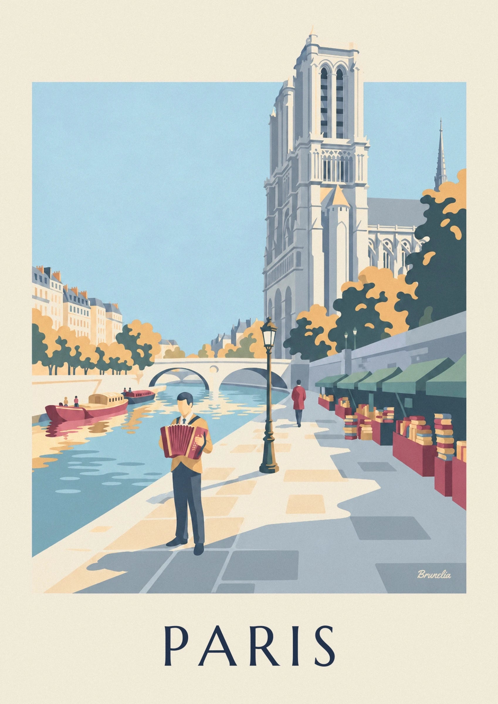 The accordionist in an ochre jacket with a burgundy accordion beside the Seine