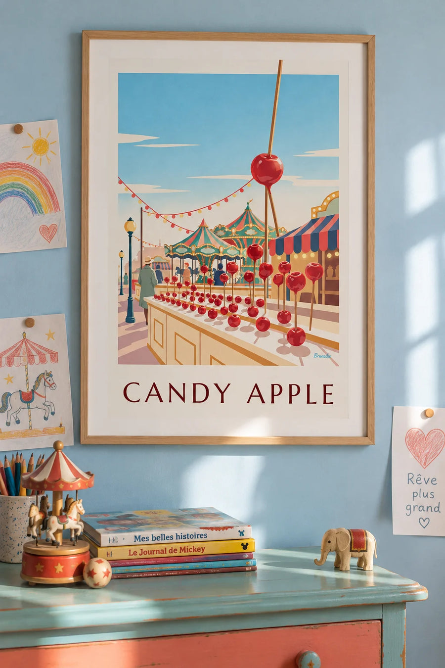 Poster of a candy apple at a fairground stand: framed on the wall
