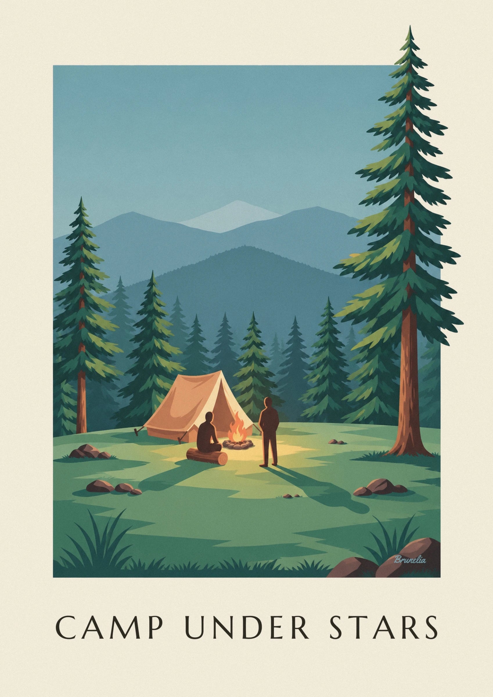 A camper sitting on a log in front of an orange tent and a campfire